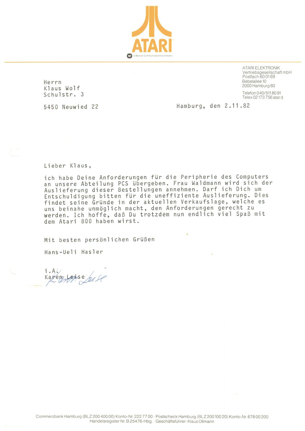 2. Nov. 1982: Lieferung