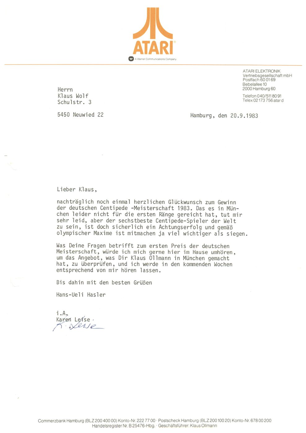 20. Sept. 1983: Glückwunsch